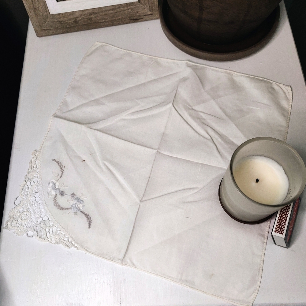 White Handkerchief with Lace Corner and Embroidery